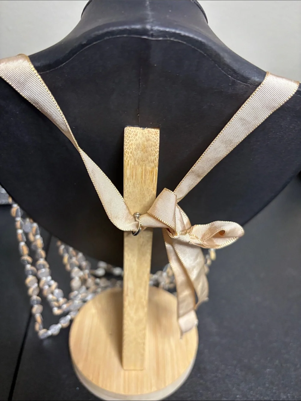 Romantic Ribbon Two-Tone Gold Silver Layered Wood Disc Necklace Statement